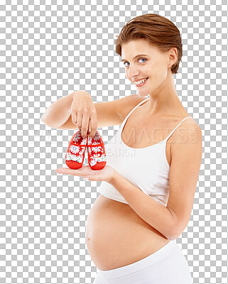 Baby shoes, pregnant woman and mother portrait with happy smile and pregnancy stomach. Young, healthy and mom excited of clothing for family and child care on an isolated, transparent png background