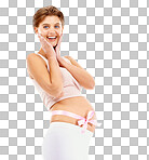 Pregnant, portrait and woman with ribbon, happy and tummy, smile and excited for gift of fertility. Face, pregnancy and girl cheerful and omg with joy on an isolated, transparent png background