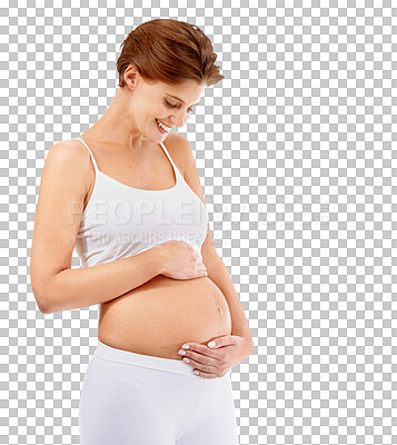 Pregnancy love, smile and happy woman with stomach on an isolated and transparent png background. Happiness, care and pregnant girl smiling at her abdomen