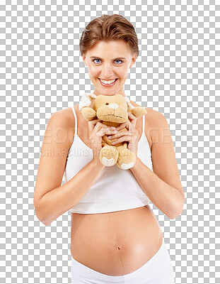 Pregnancy portrait, woman and teddy bear of a mother happy about pregnant stomach and baby toy on an isolated, transparent png background. Love and smile with doll ready for family and parent care