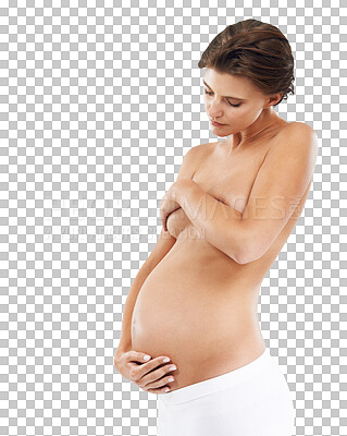 Pregnant, woman and bare with health, wellness and nurture with lady on an  isolated, transparent png background. Female, pregnancy and mother with  care, growth and healthy maternity with relax body