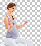 Woman, pregnancy and exercise ball with dumbbell for fitness, wellness and self care on an isolated, transparent png background. Pregnant, development and workout for future, health and training