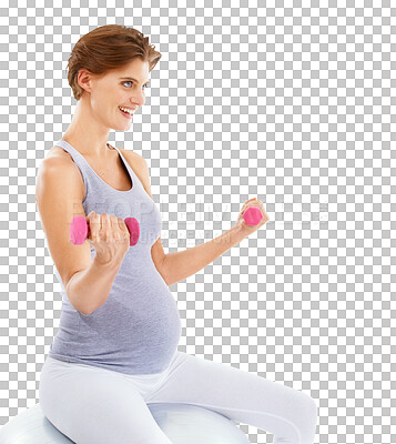 Woman, pregnancy and exercise ball with dumbbell for fitness, wellness and self care on an isolated, transparent png background. Pregnant, development and workout for future, health and training