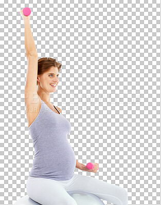 Exercise, weightlifting and pregnant woman on gym ball for maternity wellness. Sports, pregnancy and female at workout, training and pilates with dumbbells on an isolated, transparent png background
