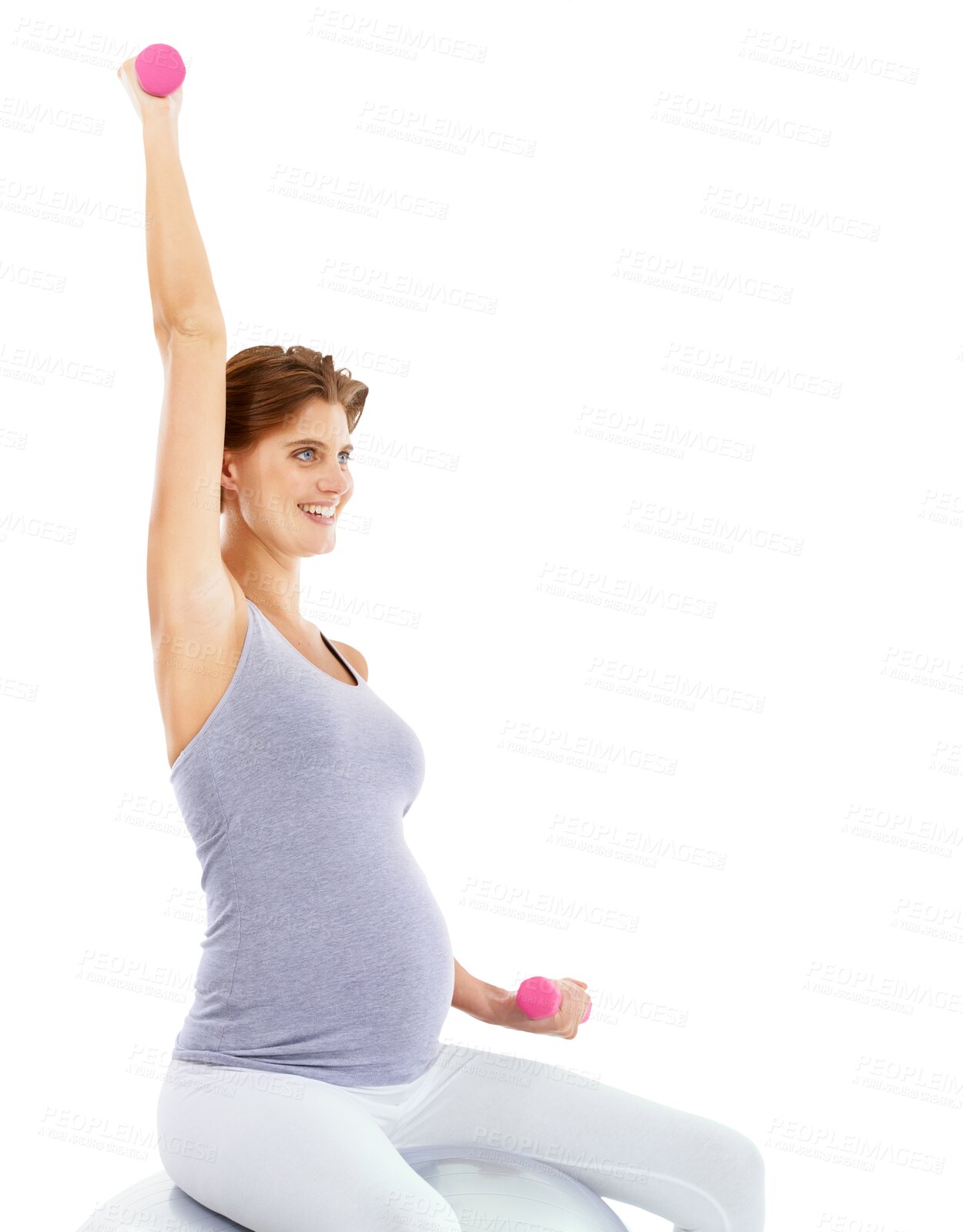 Buy stock photo Woman model, pregnancy and exercise ball with dumbbell for fitness on an isolated, transparent png background. Pregnant, smile and workout of female person training for health, wellness and happiness