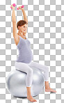 Fitness, pregnancy and girl with dumbbells on ball for maternity wellness. Health, sports and pregnant woman for workout, exercise or pilates with weights on an isolated, transparent png background