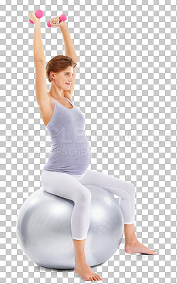 Fitness, pregnancy and girl with dumbbells on ball for maternity wellness. Health, sports and pregnant woman for workout, exercise or pilates with weights on an isolated, transparent png background