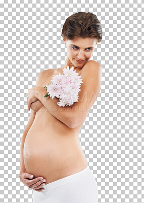 Buy stock photo Flowers, happy and smile with pregnant woman on png background for gift, support and maternity. Smile, beauty and skincare with mother and bouquet isolated on transparent for pregnancy and health