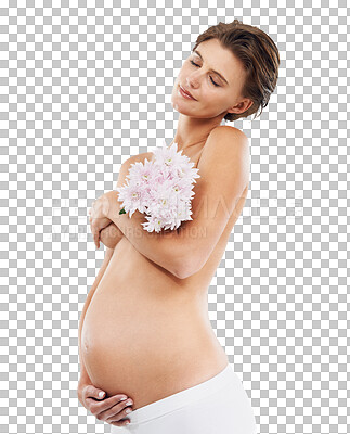 Pregnancy, calm and woman with flowers holding her stomach with love, care and happiness. Feminine, maternity and pregnant female model with floral bouquet on an isolated, transparent png background