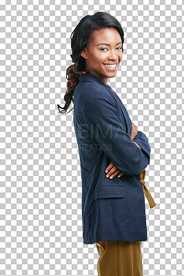 A Portrait, corporate and black woman with arms crossed, leadership and confident girl. African American female, entrepreneur or business owner with smile or success isolated on a png background