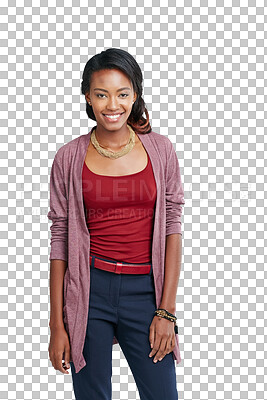 A Black woman, portrait or fashion clothes on promotion mockup, isolated marketing space or advertising mock up. Smile, happy model and trendy, cool or stylish brand clothing on mockup isolated on a png background