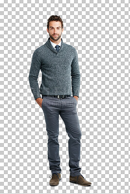 A Businessman, fashion and standing with hands in pocket. Portrait of happy isolated man model smiling in happiness for vision, ambition or profile on isolated on a png background