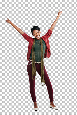 A Black woman, smile in portrait with hands in air for celebration, winner and success. Happy woman, freedom and motivation with achievement, bonus or win with happiness isolated on a png background