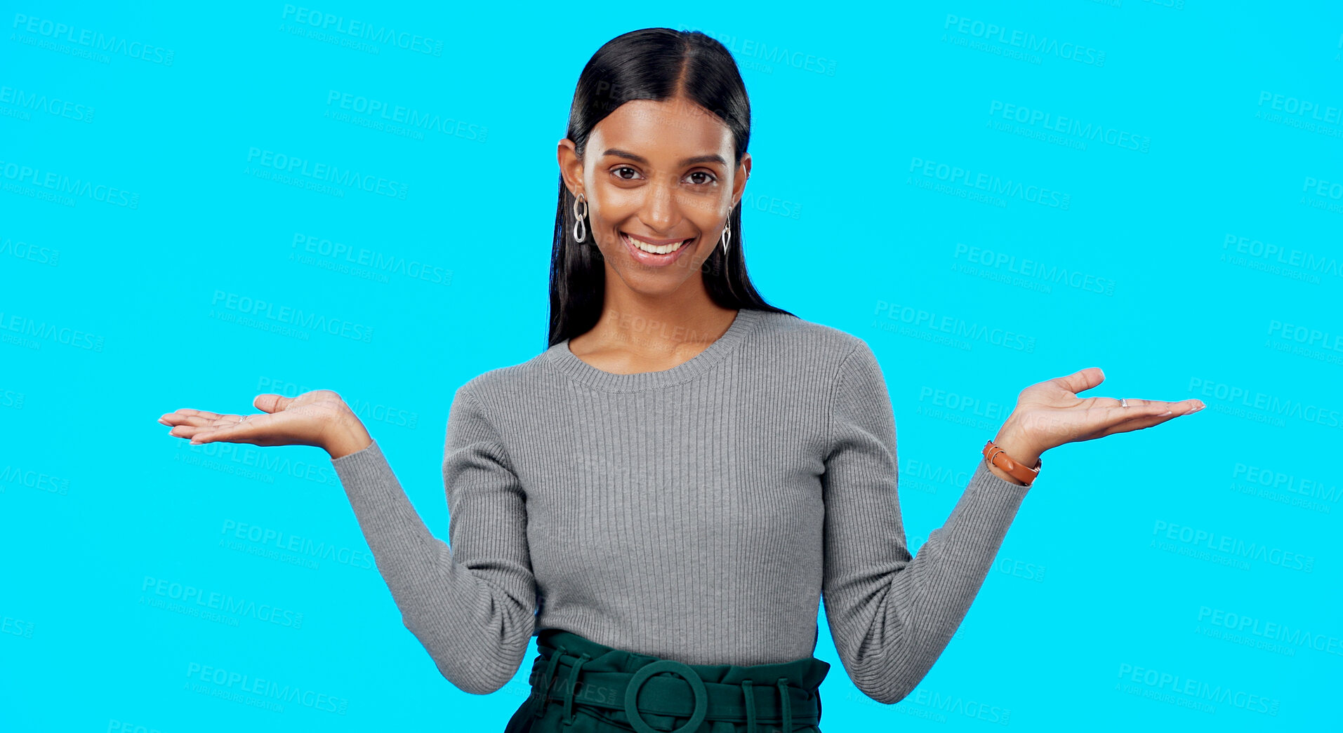 Buy stock photo Comparison and what hands of happy woman portrait with choice in a studio with question or idea emoji gesture. Decision, promo and female person with option, balance or scale with blue background