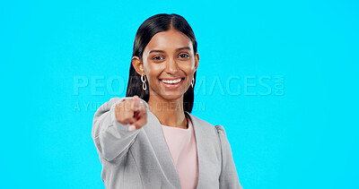 Buy stock photo Portrait, businesswoman in studio and pointing at you for recruitment, decision or choice in support. Smile, motivation and opportunity, woman with trust and opinion on inspiration on blue background