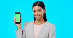 Chroma key, green screen and portrait of businesswoman with phone for product placement, branding and mobile app advertising. Smile, happy and professional female isolated in a studio blue background