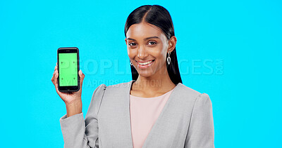 Buy stock photo Portrait, happy woman or phone green screen for business news, studio commercial promo or brand logo design. Online corporate info, cellphone mockup space or model web notification on blue background