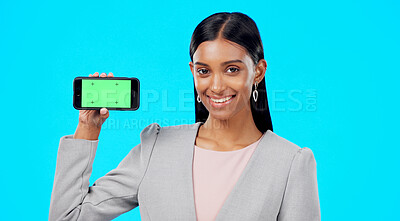 Buy stock photo Portrait, business woman and smartphone green screen for company news app, discount service deal or UI logo. Studio corporate info, cellphone mockup space or agent ads announcement on blue background