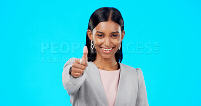 Buy stock photo Thumbs up, business and portrait of Indian woman in studio for promotion, advertising and deal. Mockup, happy and face of worker with hand gesture for approval, agreement and yes on blue background