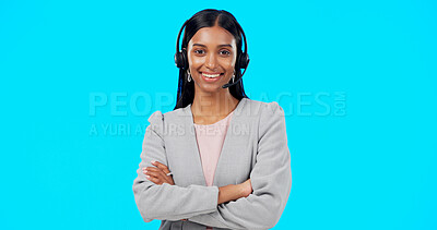 Buy stock photo Call center, crossed arms and portrait of Indian woman in studio for communication on blue background. Customer support, telemarketing and professional person for crm service, help and business