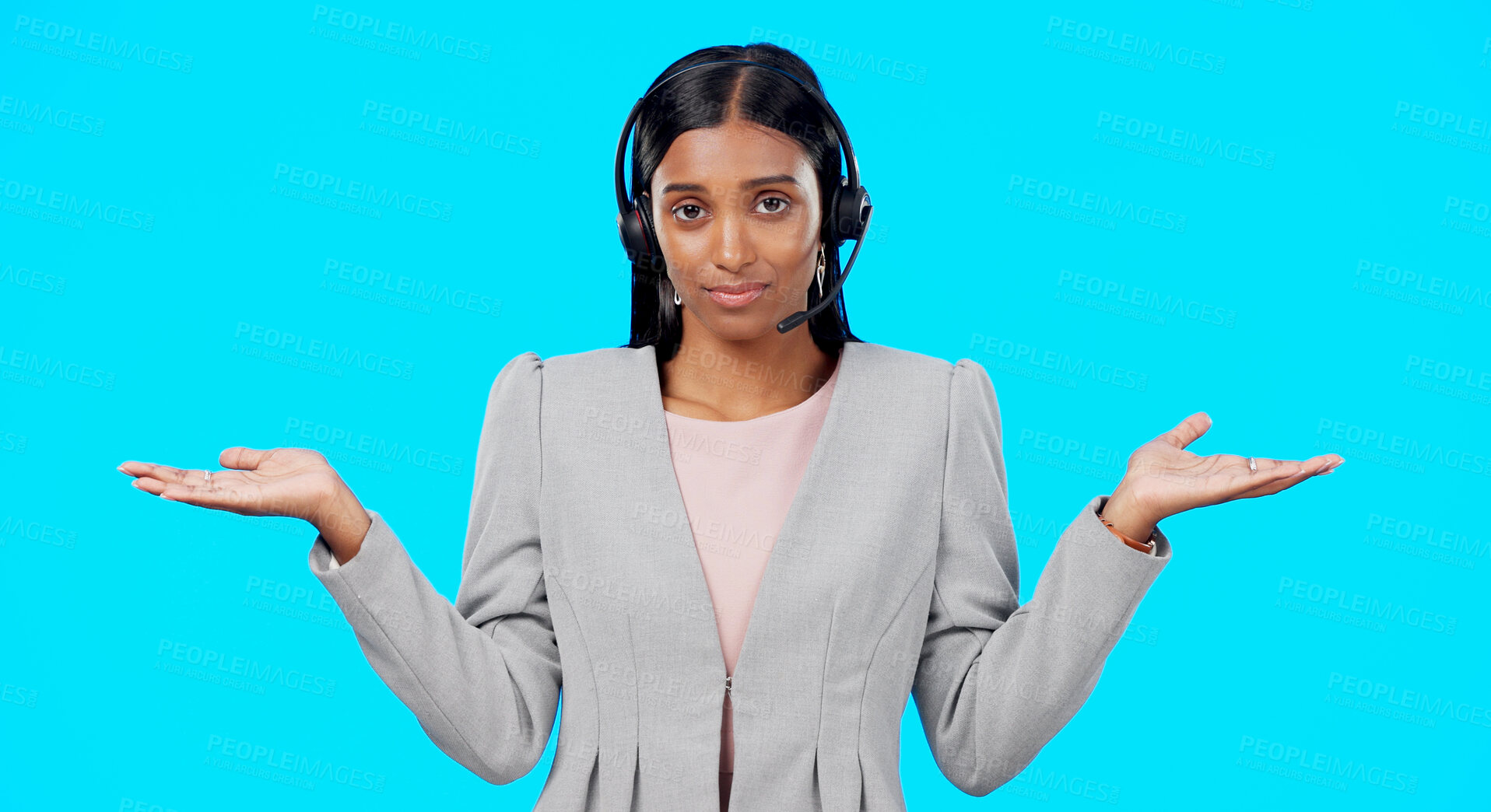 Buy stock photo Business woman, confused and call center with options in decision, doubt or choice against a blue studio background. Portrait of female person, consultant or agent with hands out in telemarketing