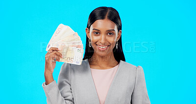 Buy stock photo Winner woman, cash fan and studio portrait with smile, savings and profit by blue background. Girl, trader and money with bonus, success or investing for finance goal, reward and stock market revenue