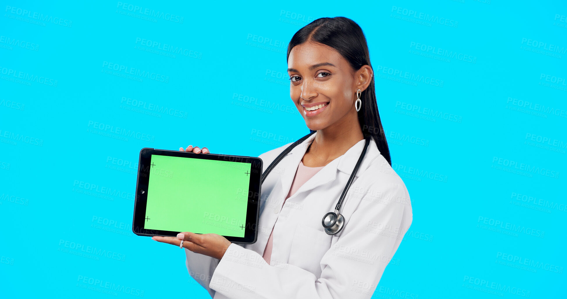 Buy stock photo Portrait doctor, happy woman and green screen tablet with mockup internet space, hospital promo or UI clinic logo. Medical database, healthcare studio offer and nurse notification on blue background