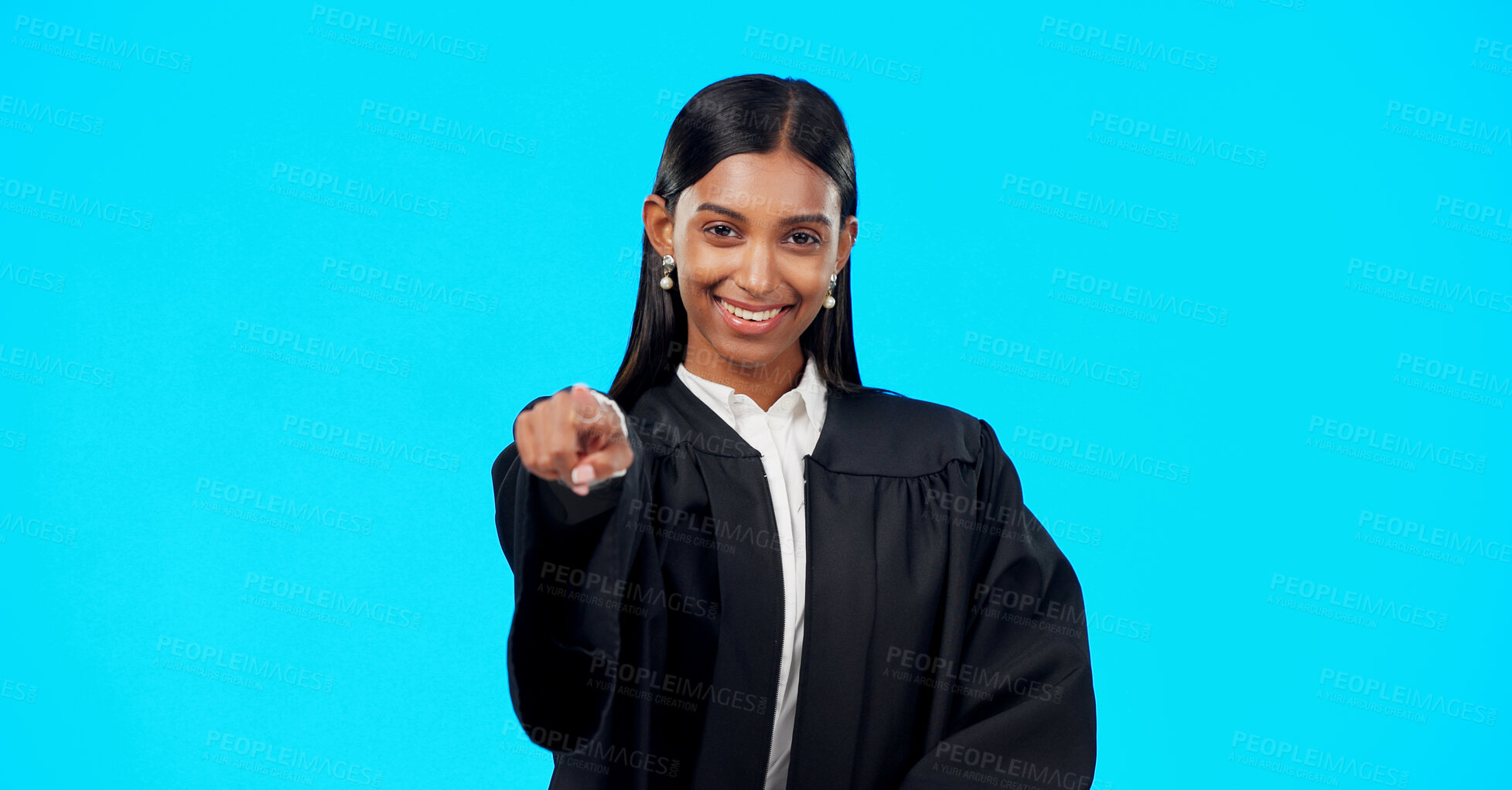 Buy stock photo Portrait, happy woman judge in studio and pointing at you for recruitment, decision or legal advice. Smile, motivation or opportunity for lawyer with trust, opinion and vote choice on blue background