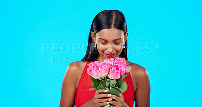 Face, flower bouquet and happy beauty woman with nature gift, sustainable agriculture portrait or natural present. Eco friendly product, floral studio roses and female person smile on blue background