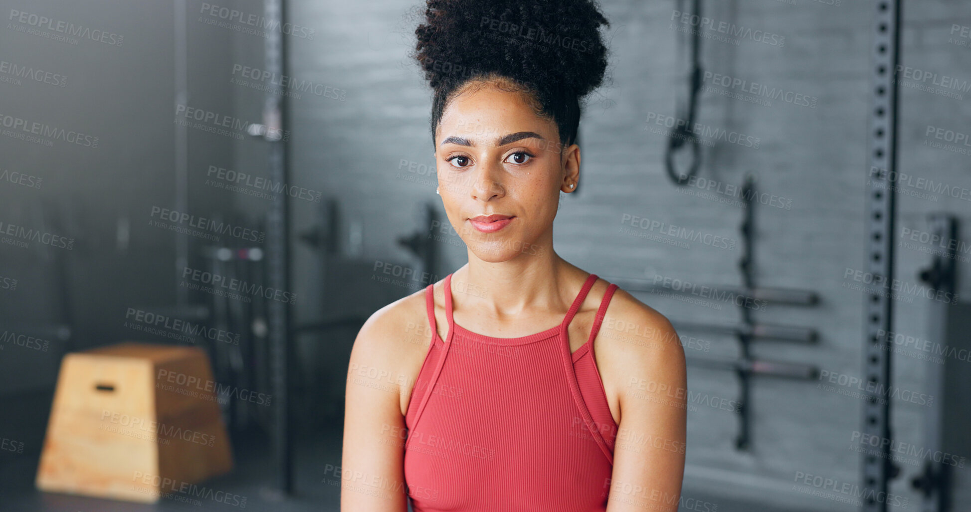 Buy stock photo Portrait, woman and face for fitness in gym for wellness, confidence or motivation for strength training. African, person or girl with determined, expression and mindset for weightloss by workout