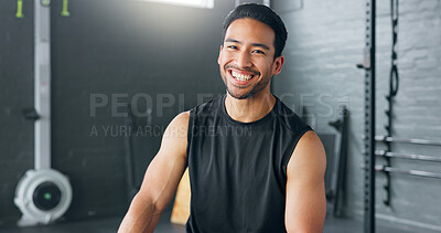 Buy stock photo Happy asian man, portrait and fitness in gym with smile for workout, exercise or indoor training. Friendly, active and muscular male person in happiness for sport, bodybuilding or health and wellness
