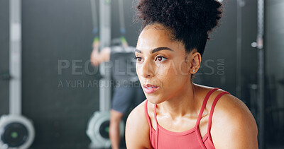 Buy stock photo Exercise, gym and woman tired from training, body fatigue and exhausted with fitness, breathing and workout. Breathe, challenge and healthy athlete with sports, girl and resting for energy or cardio