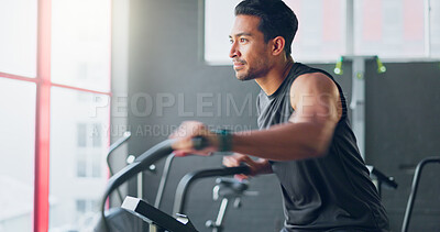 Buy stock photo Man, cycling and training for fitness in gym with thinking, steps and vision for health, wellness and exercise. Person, bike and spin class with workout, ideas or endurance with cardio to lose weight