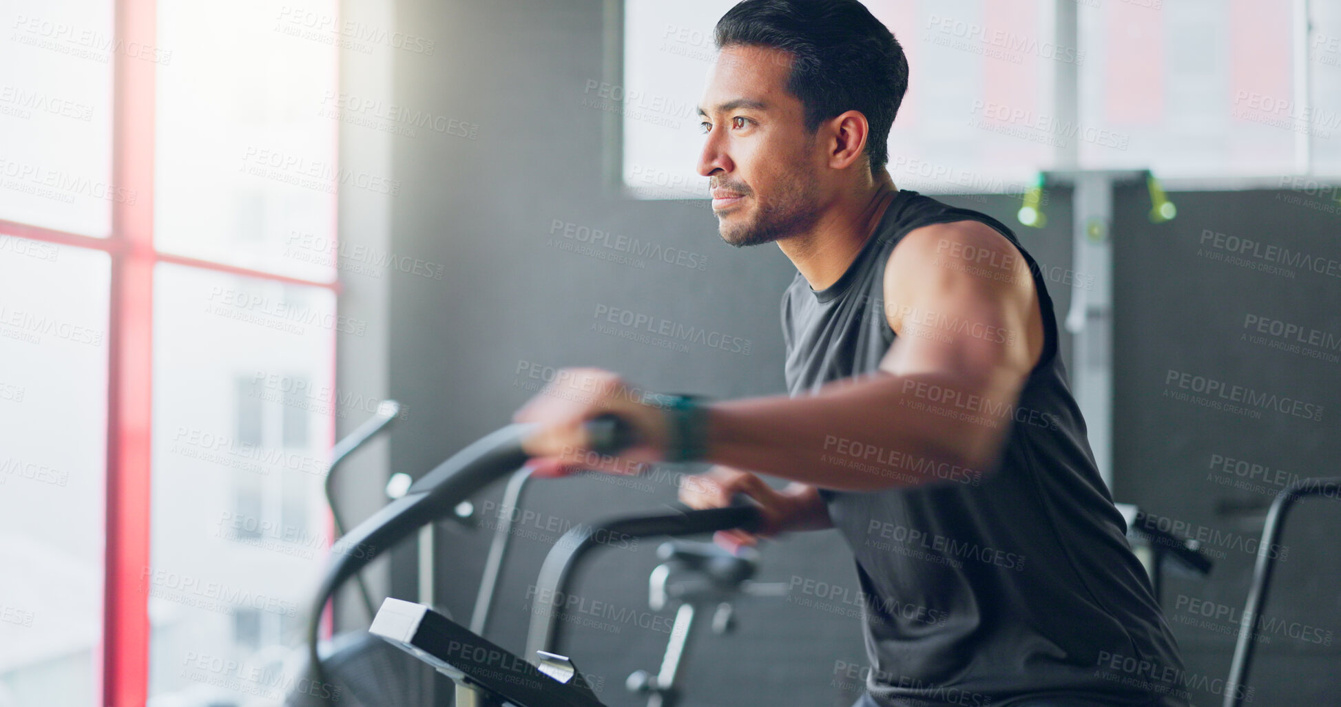 Buy stock photo Man, cycling and training for fitness in gym with thinking, steps and vision for health, wellness and exercise. Person, bike and spin class with workout, ideas or endurance with cardio to lose weight