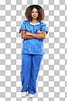 Nurse, portrait and black woman with arms crossed standing with pride. Healthcare, wellness and confident female medical physician from Nigeria isolated on a png background for hospital care