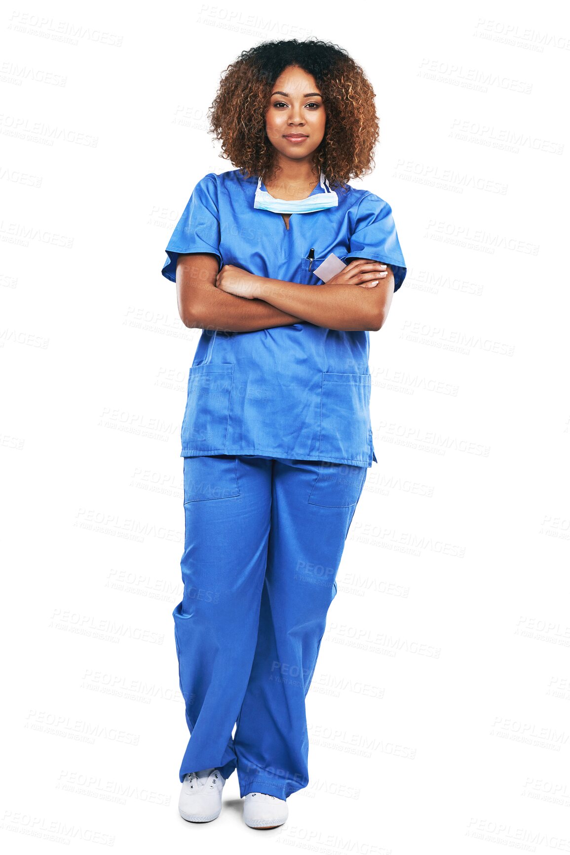 Buy stock photo Portrait, black female nurse and arms crossed in png or transparent background. Healthcare or wellness, confidence or prideful and isolated medical professional woman or doctor standing with focus