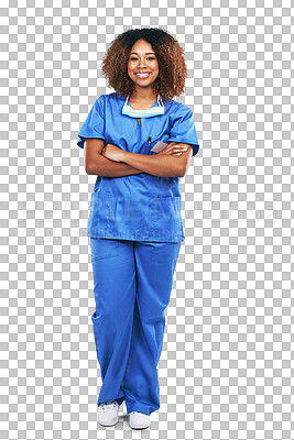 Buy stock photo Isolated doctor woman, portrait and arms crossed with smile, pride and happy by transparent png background. Female medic, african nurse and excited face for healthcare, wellness and job at hospital