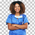 Confident, portrait and black woman nurse smiling. Face, healthcare or proud and happy female medical physician from Nigeria ready for wellness goals isolated on a png background