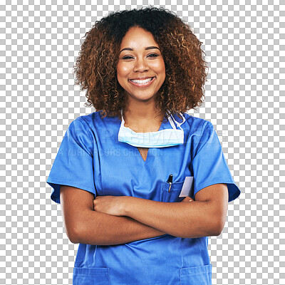 Buy stock photo African doctor woman, isolated and arms crossed in portrait with smile, pride and transparent png background. Young female medic, happiness and excited for healthcare, wellness and service at clinic