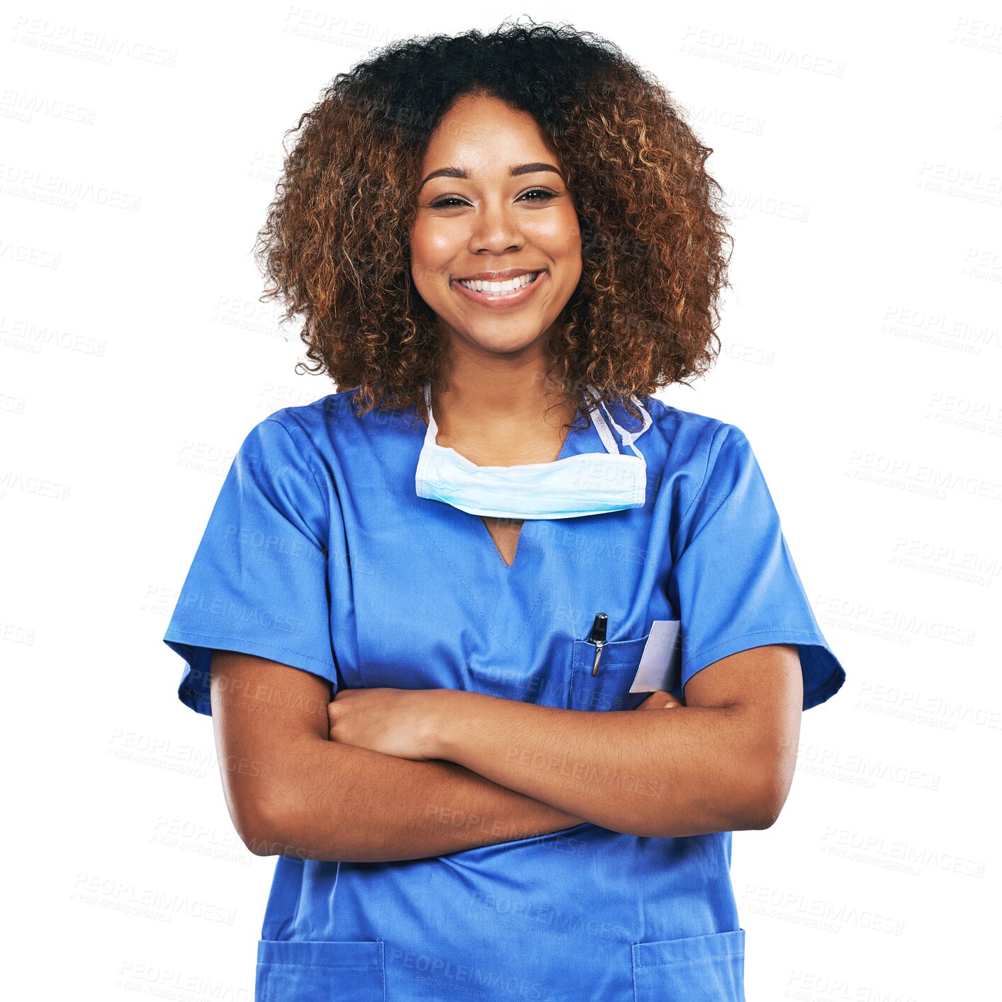 Buy stock photo African doctor woman, isolated and arms crossed in portrait with smile, pride and transparent png background. Young female medic, happiness and excited for healthcare, wellness and service at clinic