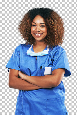 Buy stock photo Isolated doctor woman, arms crossed or smile in portrait, pride or happy by transparent png background. Female medic, african nurse or healthcare expert with excited face, wellness or job at hospital