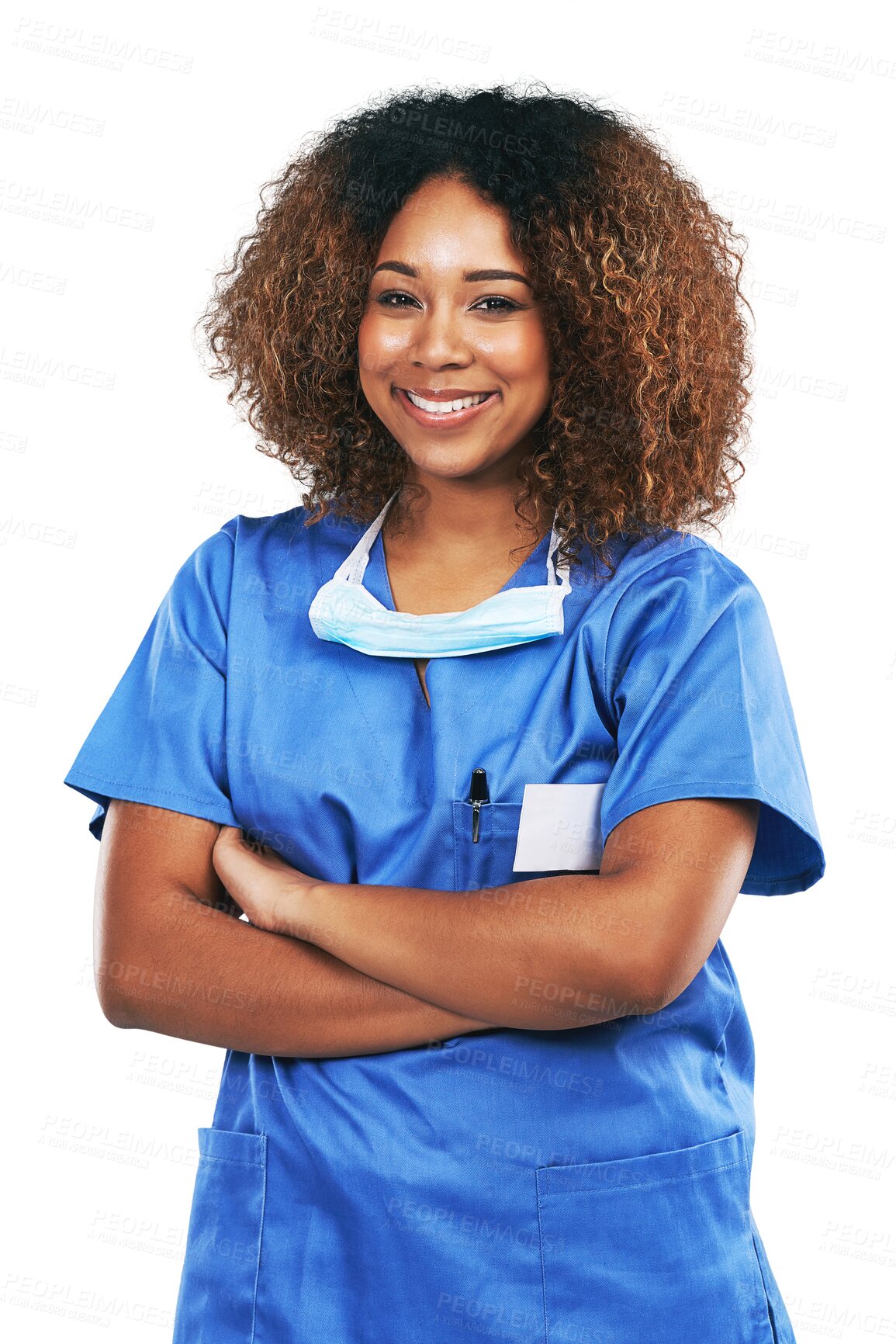 Buy stock photo Isolated doctor woman, arms crossed or smile in portrait, pride or happy by transparent png background. Female medic, african nurse or healthcare expert with excited face, wellness or job at hospital