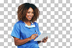 Healthcare, nurse and black woman with tablet search. Technology, wellness and portrait of female medical physician with touchscreen for research or telehealth isolated on a png background