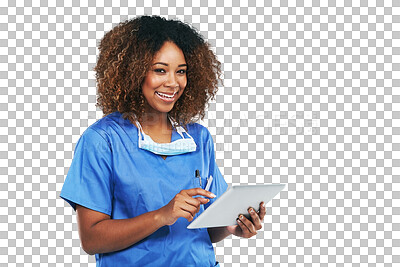 Buy stock photo Portrait, tablet and black woman nurse with technology or healthcare or medical physician smiling and isolated on a transparent png background. Wellness, research and female person with digital check