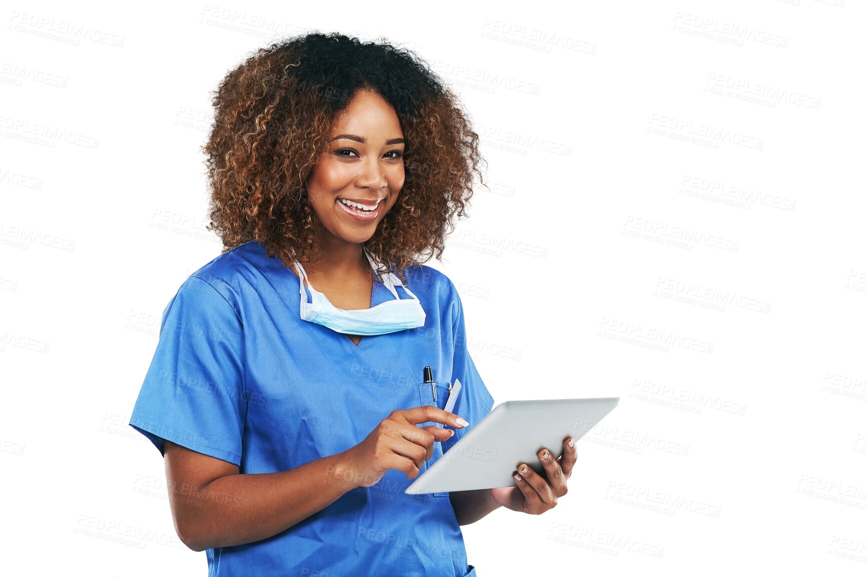 Buy stock photo Portrait, tablet and black woman nurse with technology or healthcare or medical physician smiling and isolated on a transparent png background. Wellness, research and female person with digital check