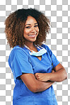 Arms crossed, black woman and portrait of nurse with pride. Medic, healthcare and confident and happy female medical physician from Nigeria ready for wellness help isolated on a png background