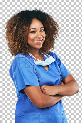 Buy stock photo Nurse woman, happy and arms crossed in portrait with smile, pride and excited face by transparent png background. Isolated female medic, doctor or happiness for health, wellness and service at clinic