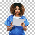 A Black woman, doctor and tablet in studio for typing, focus or communication on internet. Isolated nurse, touchscreen tech or reading social media app, article or science news isolated on a png background