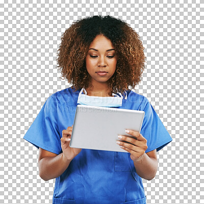 Buy stock photo Healthcare, tablet and black woman nurse focus on technology or female medical physician smiling and isolated on a transparent png background. Mobile, research and expert on healthy digital checklist