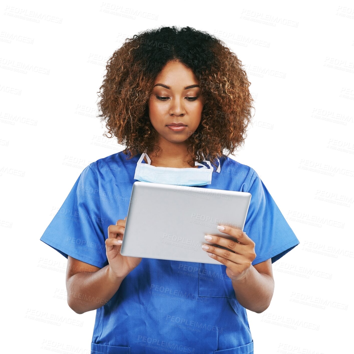 Buy stock photo Healthcare, tablet and black woman nurse focus on technology or female medical physician smiling and isolated on a transparent png background. Mobile, research and expert on healthy digital checklist